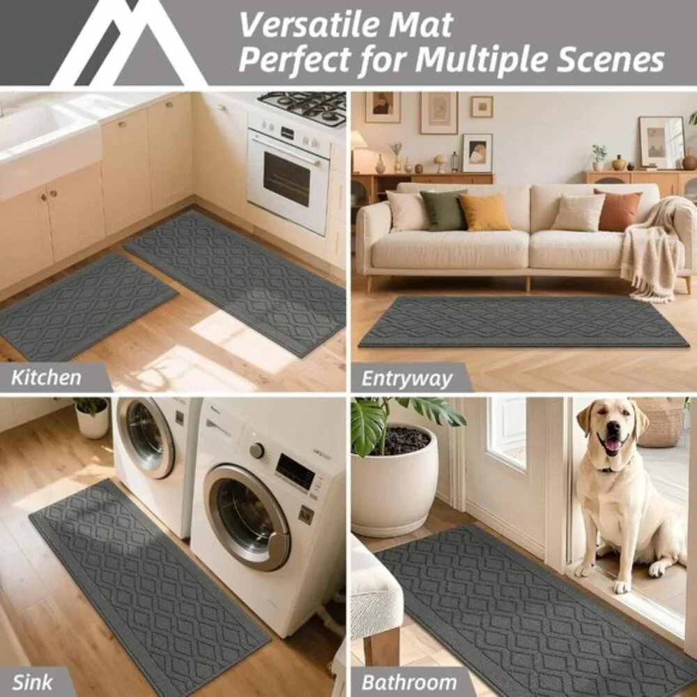 New 2-Piece Grey Kitchen Rug Set, Non-Slip Washable Mats, 48x20 & 30x20 Inches